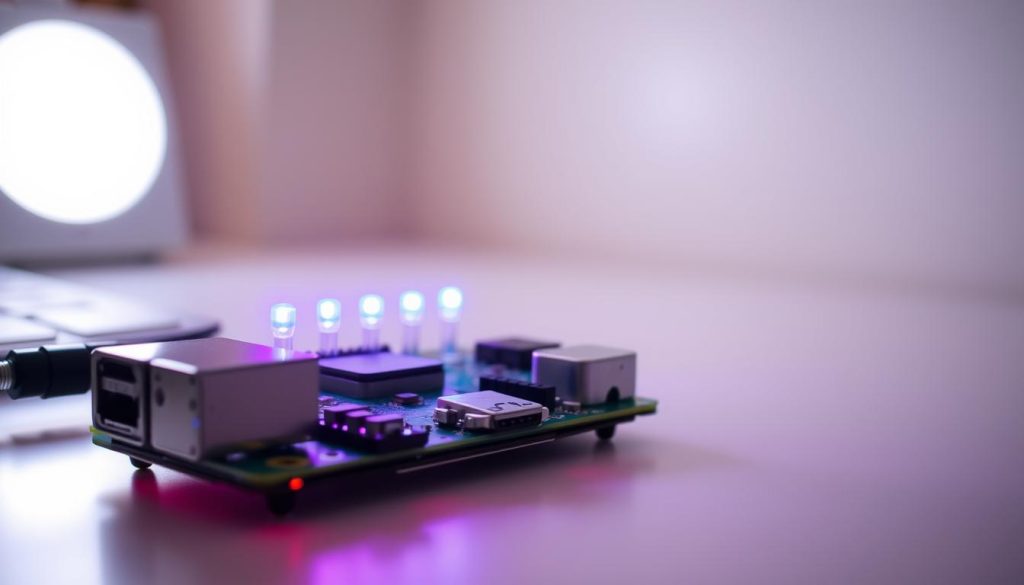 A Raspberry Pi board, its surface illuminated by a soft, warm light, sits atop a clean, minimalist workspace. On the board, a row of vibrant LED lights blink in a mesmerizing pattern, casting a subtle glow across the scene. The background is blurred, keeping the focus on the Pi and the blinking lights, creating a sense of simplicity and concentration. The lighting is slightly diffused, giving the image a calm, inviting atmosphere, perfect for showcasing a beginner-friendly electronics project. A Raspberry Pi board, its surface illuminated by a soft, warm light, sits atop a clean, minimalist workspace. On the board, a row of vibrant LED lights blink in a mesmerizing pattern, casting a subtle glow across the scene. The background is blurred, keeping the focus on the Pi and the blinking lights, creating a sense of simplicity and concentration. The lighting is slightly diffused, giving the image a calm, inviting atmosphere, perfect for showcasing a beginner-friendly electronics project.