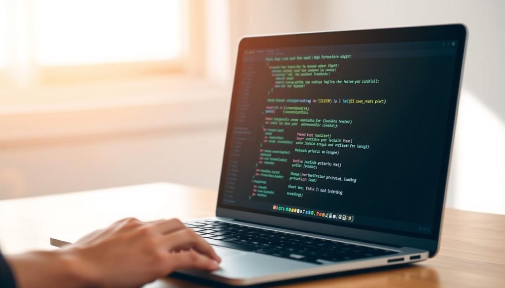 A clean, minimalist image showcasing the fundamentals of Python programming. Set against a softly blurred backdrop, the foreground features a sleek laptop screen displaying elegant Python code, bathed in warm, natural lighting. In the middle ground, a programmer's hands are poised over a keyboard, conveying a sense of focus and concentration. The overall atmosphere is one of simplicity, professionalism, and the joy of coding. The image should inspire a sense of curiosity and excitement about learning the basics of this powerful, versatile language. A clean, minimalist image showcasing the fundamentals of Python programming. Set against a softly blurred backdrop, the foreground features a sleek laptop screen displaying elegant Python code, bathed in warm, natural lighting. In the middle ground, a programmer's hands are poised over a keyboard, conveying a sense of focus and concentration. The overall atmosphere is one of simplicity, professionalism, and the joy of coding. The image should inspire a sense of curiosity and excitement about learning the basics of this powerful, versatile language.
