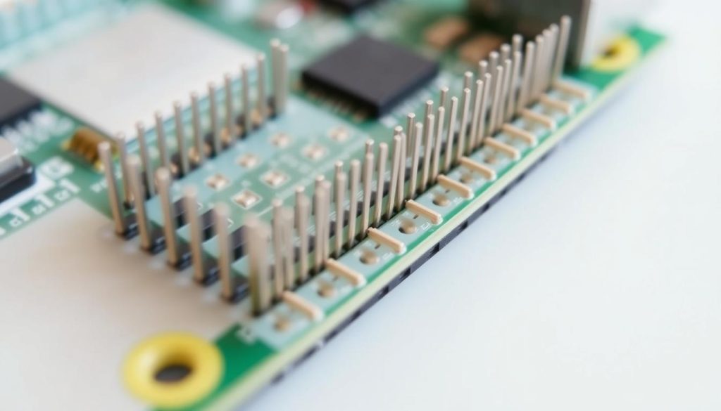 A close-up view of the Raspberry Pi's GPIO (General Purpose Input/Output) pins, showcasing their layout and pinouts. The pins are rendered in a clean, technical style, with a neutral background that emphasizes their functionality. The image is well-lit, capturing the details of the pin headers in sharp focus, allowing the viewer to clearly see the different pin types and their purposes. The overall aesthetic is informative and suitable for an educational article on the basic electronics concepts for the Raspberry Pi. A close-up view of the Raspberry Pi's GPIO (General Purpose Input/Output) pins, showcasing their layout and pinouts. The pins are rendered in a clean, technical style, with a neutral background that emphasizes their functionality. The image is well-lit, capturing the details of the pin headers in sharp focus, allowing the viewer to clearly see the different pin types and their purposes. The overall aesthetic is informative and suitable for an educational article on the basic electronics concepts for the Raspberry Pi.