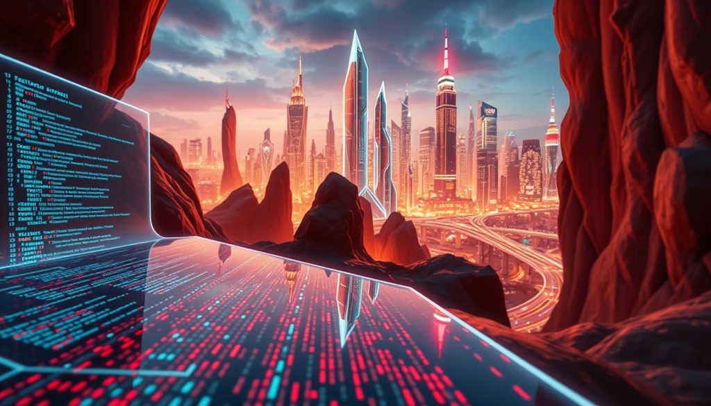 A dynamic, futuristic landscape showcasing the power of asynchronous JavaScript. In the foreground, a sleek, holographic interface pulses with lines of code, representing the non-blocking, event-driven nature of async JS. The middle ground features towering, crystalline structures that symbolize the scalability and responsiveness of async applications. In the background, a vibrant, neon-lit cityscape reflects the modern, cutting-edge nature of this JavaScript technique. Warm, diffused lighting casts a futuristic glow, while a wide-angle lens captures the grandeur and complexity of asynchronous JavaScript at work. A dynamic, futuristic landscape showcasing the power of asynchronous JavaScript. In the foreground, a sleek, holographic interface pulses with lines of code, representing the non-blocking, event-driven nature of async JS. The middle ground features towering, crystalline structures that symbolize the scalability and responsiveness of async applications. In the background, a vibrant, neon-lit cityscape reflects the modern, cutting-edge nature of this JavaScript technique. Warm, diffused lighting casts a futuristic glow, while a wide-angle lens captures the grandeur and complexity of asynchronous JavaScript at work.