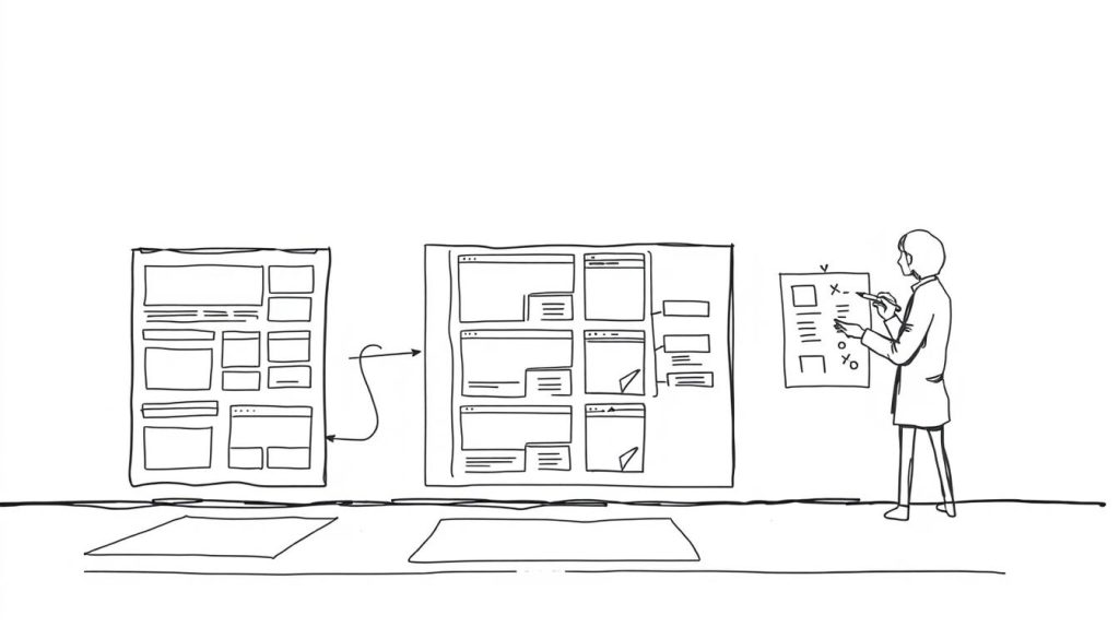 A minimalist, monochrome sketch-like illustration of a structured website planning process. The foreground depicts a clean, grid-like layout of interconnected web page wireframes, representing the information architecture. The middle ground shows designers annotating the wireframes with notes and ideas, using pens and pencils. The background features a simple, textured wall or surface, creating a sense of depth and emphasizing the creative, hand-drawn aesthetic. The lighting is soft and diffused, casting subtle shadows to highlight the planning activities. The overall mood is focused, collaborative, and conceptual, conveying the importance of thorough website planning. A minimalist, monochrome sketch-like illustration of a structured website planning process. The foreground depicts a clean, grid-like layout of interconnected web page wireframes, representing the information architecture. The middle ground shows designers annotating the wireframes with notes and ideas, using pens and pencils. The background features a simple, textured wall or surface, creating a sense of depth and emphasizing the creative, hand-drawn aesthetic. The lighting is soft and diffused, casting subtle shadows to highlight the planning activities. The overall mood is focused, collaborative, and conceptual, conveying the importance of thorough website planning.