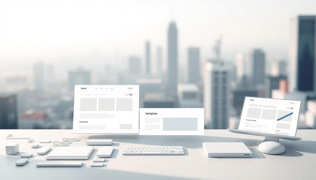 A minimalist website design layout with clean lines, a grid-based structure, and a focus on typography. The foreground features various UI elements such as buttons, input fields, and navigation menus arranged in a harmonious composition. The middle ground showcases web page sections with subtle color palettes and geometric patterns. The background depicts a soft, blurred cityscape providing a sense of context and environment. The lighting is soft and directional, creating depth and highlighting the design details. The overall mood is one of modern, elegant simplicity, reflecting the "How to Build a Website from Scratch" theme. A minimalist website design layout with clean lines, a grid-based structure, and a focus on typography. The foreground features various UI elements such as buttons, input fields, and navigation menus arranged in a harmonious composition. The middle ground showcases web page sections with subtle color palettes and geometric patterns. The background depicts a soft, blurred cityscape providing a sense of context and environment. The lighting is soft and directional, creating depth and highlighting the design details. The overall mood is one of modern, elegant simplicity, reflecting the "How to Build a Website from Scratch" theme.