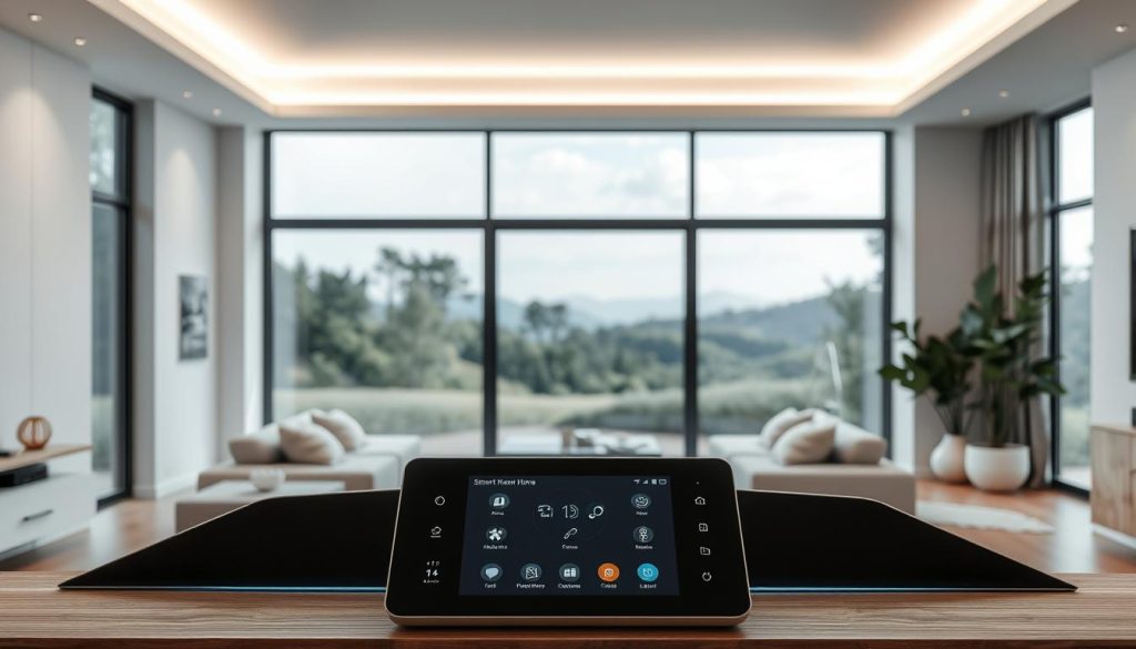A modern, minimalist smart home interior with sleek, futuristic design elements. In the foreground, a central control panel with a touchscreen display and various smart home icons. In the middle ground, smart home devices like a thermostat, lighting fixtures, and a voice assistant device. In the background, large windows offering a panoramic view of a tranquil, nature-inspired landscape. The lighting is soft and indirect, creating a calming, inviting atmosphere. The overall color palette is muted, with accents of whites, grays, and natural wood tones. The scene conveys a sense of technological integration and eco-conscious living. A modern, minimalist smart home interior with sleek, futuristic design elements. In the foreground, a central control panel with a touchscreen display and various smart home icons. In the middle ground, smart home devices like a thermostat, lighting fixtures, and a voice assistant device. In the background, large windows offering a panoramic view of a tranquil, nature-inspired landscape. The lighting is soft and indirect, creating a calming, inviting atmosphere. The overall color palette is muted, with accents of whites, grays, and natural wood tones. The scene conveys a sense of technological integration and eco-conscious living.