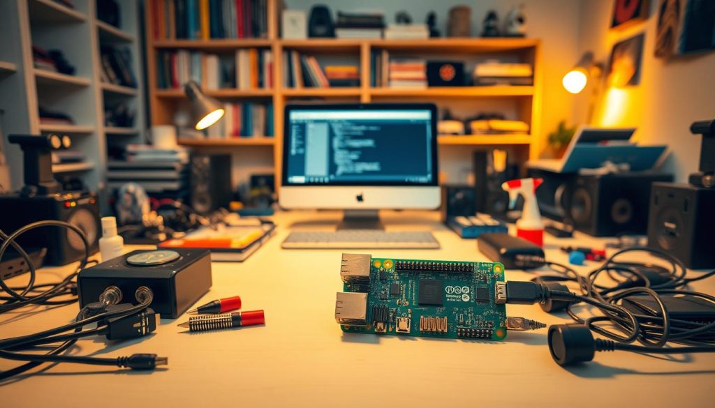A neatly organized workspace with a Raspberry Pi board placed prominently in the foreground, surrounded by a variety of electronic components, cables, and tools. The lighting is warm and focused, creating a cozy, inviting atmosphere. The middle ground features a clean, minimalist desk, with a laptop or monitor displaying relevant software or tutorials. In the background, shelves or bookcases filled with technical books and electronics-related decor create a sense of an experienced maker's space. The overall composition conveys a sense of focus, creativity, and the joy of tinkering with Raspberry Pi for educational purposes. A neatly organized workspace with a Raspberry Pi board placed prominently in the foreground, surrounded by a variety of electronic components, cables, and tools. The lighting is warm and focused, creating a cozy, inviting atmosphere. The middle ground features a clean, minimalist desk, with a laptop or monitor displaying relevant software or tutorials. In the background, shelves or bookcases filled with technical books and electronics-related decor create a sense of an experienced maker's space. The overall composition conveys a sense of focus, creativity, and the joy of tinkering with Raspberry Pi for educational purposes.