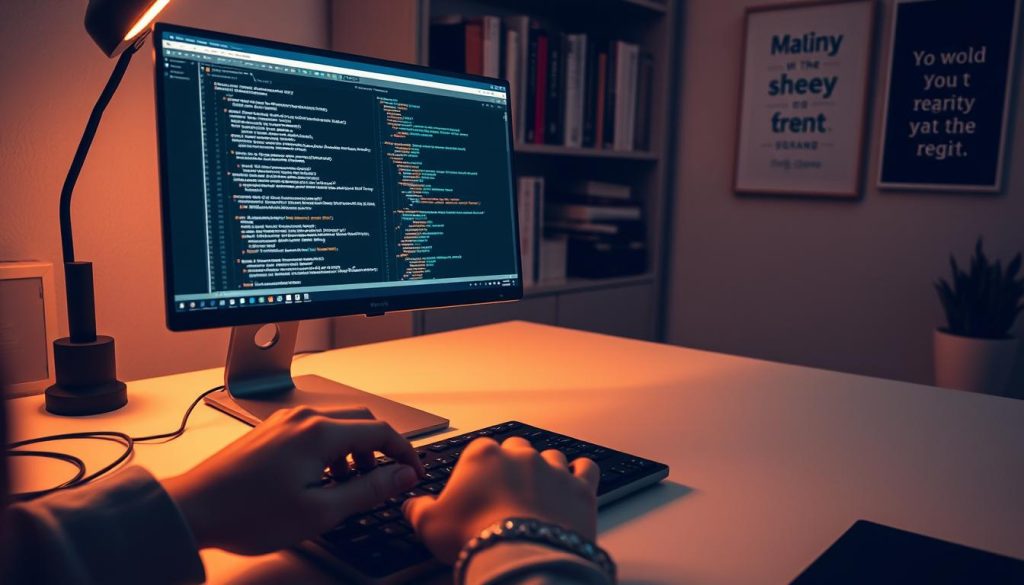 A neatly organized workspace with a modern desktop computer, a keyboard, and a sleek monitor displaying a simple HTML webpage. The scene is bathed in warm, soft lighting, casting a gentle glow on the desk surface. In the foreground, a pair of hands diligently typing code, the cursor blinking with anticipation. The background reveals a minimalist bookshelf filled with programming and web development resources, hinting at the user's passion for learning. An inspirational quote or motivational poster hangs on the wall, providing a sense of focus and determination. The overall mood is one of concentration, creativity, and the excitement of building something from scratch. A neatly organized workspace with a modern desktop computer, a keyboard, and a sleek monitor displaying a simple HTML webpage. The scene is bathed in warm, soft lighting, casting a gentle glow on the desk surface. In the foreground, a pair of hands diligently typing code, the cursor blinking with anticipation. The background reveals a minimalist bookshelf filled with programming and web development resources, hinting at the user's passion for learning. An inspirational quote or motivational poster hangs on the wall, providing a sense of focus and determination. The overall mood is one of concentration, creativity, and the excitement of building something from scratch.