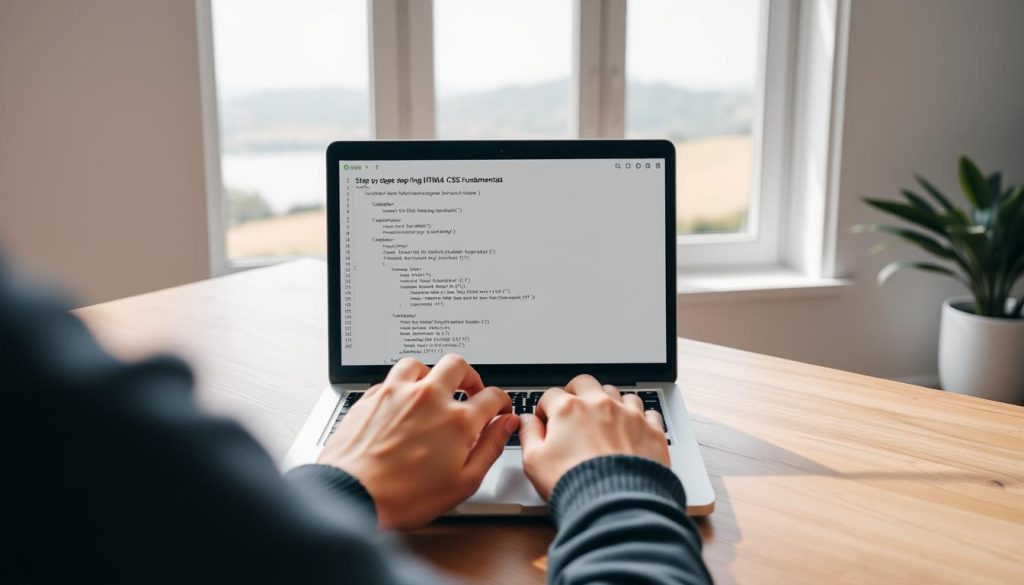 A serene, well-lit studio setting with a laptop open on a clean, minimalist wooden desk. On the screen, a step-by-step tutorial on HTML and CSS fundamentals is displayed, with clear diagrams and code snippets. In the foreground, a pair of hands delicately typing on the keyboard, capturing the focus and engagement of a learner. The background features a large window overlooking a peaceful, natural landscape, creating a calming, inspirational atmosphere for the educational process. A serene, well-lit studio setting with a laptop open on a clean, minimalist wooden desk. On the screen, a step-by-step tutorial on HTML and CSS fundamentals is displayed, with clear diagrams and code snippets. In the foreground, a pair of hands delicately typing on the keyboard, capturing the focus and engagement of a learner. The background features a large window overlooking a peaceful, natural landscape, creating a calming, inspirational atmosphere for the educational process.