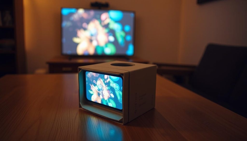 A simple yet functional DIY smartphone projector on a wooden table, with a cardboard box housing the projector mechanism. The box has a lens cutout for the phone's camera, creating a makeshift projection system. The table is illuminated by warm, soft lighting, creating a cozy, inviting atmosphere. The projector displays a vibrant, colorful image on the wall, showcasing its capabilities. The overall scene conveys a sense of creativity, resourcefulness, and the satisfaction of building something useful with basic materials. A simple yet functional DIY smartphone projector on a wooden table, with a cardboard box housing the projector mechanism. The box has a lens cutout for the phone's camera, creating a makeshift projection system. The table is illuminated by warm, soft lighting, creating a cozy, inviting atmosphere. The projector displays a vibrant, colorful image on the wall, showcasing its capabilities. The overall scene conveys a sense of creativity, resourcefulness, and the satisfaction of building something useful with basic materials.