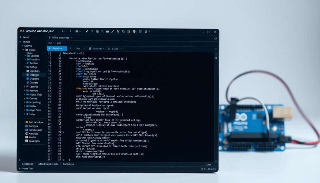 A sleek, modern interface of the Arduino IDE, showcased in a well-lit studio setting. The foreground features the main coding window with clean, organized code snippets. In the middle ground, the toolbar and menus are clearly visible, highlighting the various tools and functionalities. The background softly blurs, revealing the Arduino board and components, suggesting the connection between the software and the hardware. The overall scene conveys a sense of focused productivity and technological sophistication, reflecting the precise nature of the Arduino electronics projects. A sleek, modern interface of the Arduino IDE, showcased in a well-lit studio setting. The foreground features the main coding window with clean, organized code snippets. In the middle ground, the toolbar and menus are clearly visible, highlighting the various tools and functionalities. The background softly blurs, revealing the Arduino board and components, suggesting the connection between the software and the hardware. The overall scene conveys a sense of focused productivity and technological sophistication, reflecting the precise nature of the Arduino electronics projects.