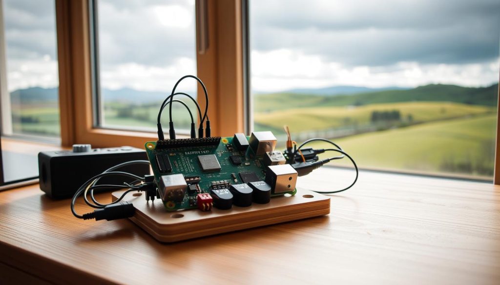 A well-equipped Raspberry Pi weather station nestled on a wooden desk, illuminated by natural light streaming through a nearby window. The Raspberry Pi board, connected to various sensors and modules, sits atop a clean, minimalist setup. In the background, a serene landscape of rolling hills and a cloudy sky creates a calming atmosphere, perfectly suited for a DIY electronics project. The overall scene conveys a sense of simplicity, functionality, and the joy of creating something practical with accessible technology. A well-equipped Raspberry Pi weather station nestled on a wooden desk, illuminated by natural light streaming through a nearby window. The Raspberry Pi board, connected to various sensors and modules, sits atop a clean, minimalist setup. In the background, a serene landscape of rolling hills and a cloudy sky creates a calming atmosphere, perfectly suited for a DIY electronics project. The overall scene conveys a sense of simplicity, functionality, and the joy of creating something practical with accessible technology.