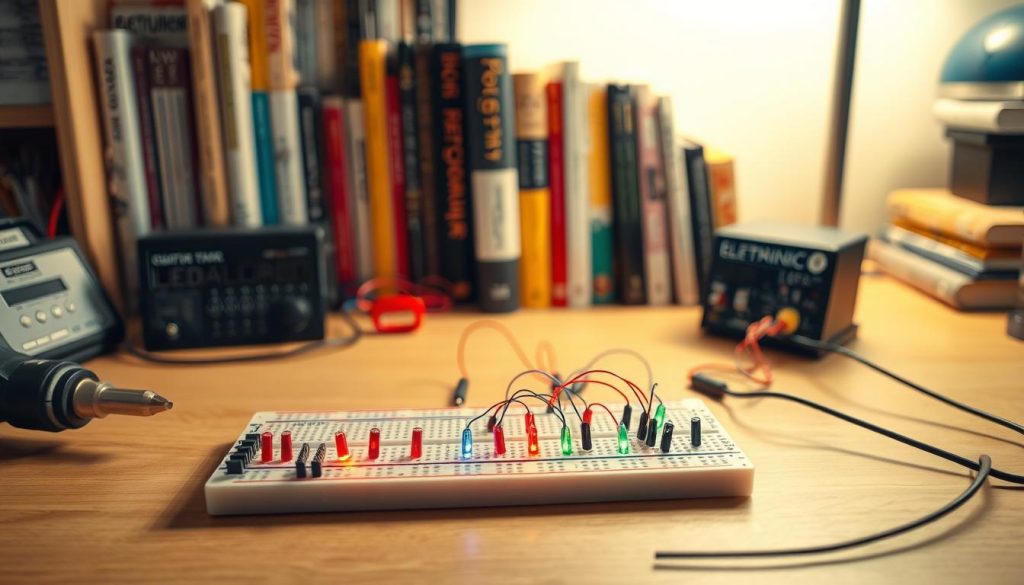 A well-lit desktop scene showcasing a selection of simple DIY electronics projects for beginners. In the foreground, a soldering iron, breadboard, and colorful LED components are arranged neatly. In the middle ground, a partially constructed LED circuit project with wires and components in place. In the background, a bookshelf with various electronics books and magazines provides a sense of depth and learning resources. The lighting is soft and warm, creating a welcoming and inspiring atmosphere for the viewer to explore the world of DIY electronics. A well-lit desktop scene showcasing a selection of simple DIY electronics projects for beginners. In the foreground, a soldering iron, breadboard, and colorful LED components are arranged neatly. In the middle ground, a partially constructed LED circuit project with wires and components in place. In the background, a bookshelf with various electronics books and magazines provides a sense of depth and learning resources. The lighting is soft and warm, creating a welcoming and inspiring atmosphere for the viewer to explore the world of DIY electronics.