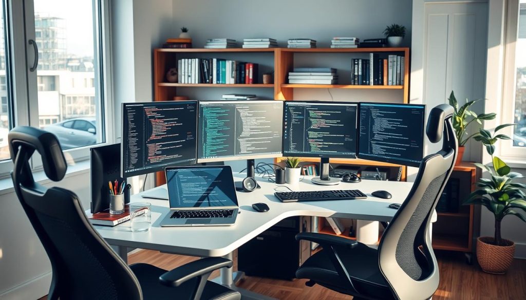 A well-lit, modern web development workspace with a desk, ergonomic office chair, and multiple monitors displaying various coding interfaces and tools. The desk is organized with a sleek laptop, a high-end mechanical keyboard, a mouse, and a glass of water. Shelves in the background hold programming books, a plant, and a few personal items. The room has large windows that let in natural light, creating a bright and productive atmosphere. The overall scene conveys a sense of focus, efficiency, and a passion for coding. A well-lit, modern web development workspace with a desk, ergonomic office chair, and multiple monitors displaying various coding interfaces and tools. The desk is organized with a sleek laptop, a high-end mechanical keyboard, a mouse, and a glass of water. Shelves in the background hold programming books, a plant, and a few personal items. The room has large windows that let in natural light, creating a bright and productive atmosphere. The overall scene conveys a sense of focus, efficiency, and a passion for coding.