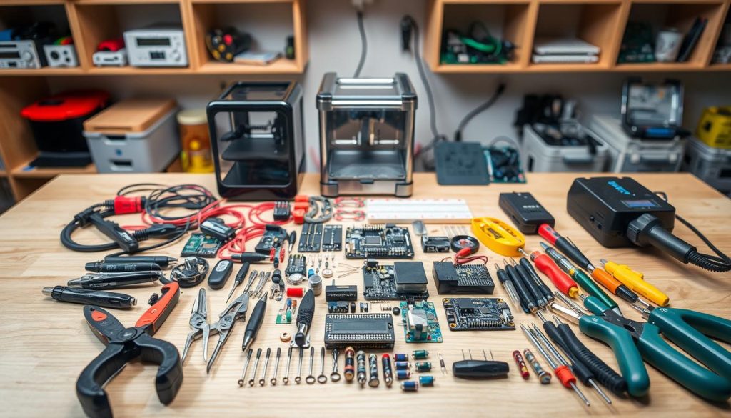 A well-lit, neatly organized DIY electronics toolkit placed on a clean, wooden workbench. In the foreground, an assortment of essential tools including pliers, wire cutters, screwdrivers, and a soldering iron. The middle ground showcases various electronic components such as resistors, capacitors, and microcontrollers, arranged in a visually appealing layout. The background features shelves stocked with additional supplies, including a 3D printer, a Raspberry Pi, and a breadboard. The overall scene conveys a sense of focus, creativity, and the excitement of embarking on tech DIY projects. A well-lit, neatly organized DIY electronics toolkit placed on a clean, wooden workbench. In the foreground, an assortment of essential tools including pliers, wire cutters, screwdrivers, and a soldering iron. The middle ground showcases various electronic components such as resistors, capacitors, and microcontrollers, arranged in a visually appealing layout. The background features shelves stocked with additional supplies, including a 3D printer, a Raspberry Pi, and a breadboard. The overall scene conveys a sense of focus, creativity, and the excitement of embarking on tech DIY projects.