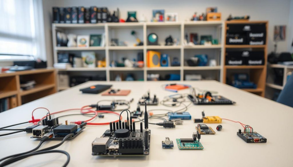 A well-lit workshop interior, with an Arduino development board and various electronic components laid out on a clean, organized workbench. Assorted wires, sensors, and small electronic modules are neatly arranged, conveying a sense of focused experimentation. In the background, shelves displaying a range of Arduino-compatible boards, shields, and project kits, suggesting the breadth of possibilities for intermediate-level Arduino enthusiasts. Soft, diffused lighting illuminates the scene, creating a calm, contemplative atmosphere conducive to creative problem-solving and hands-on learning. A well-lit workshop interior, with an Arduino development board and various electronic components laid out on a clean, organized workbench. Assorted wires, sensors, and small electronic modules are neatly arranged, conveying a sense of focused experimentation. In the background, shelves displaying a range of Arduino-compatible boards, shields, and project kits, suggesting the breadth of possibilities for intermediate-level Arduino enthusiasts. Soft, diffused lighting illuminates the scene, creating a calm, contemplative atmosphere conducive to creative problem-solving and hands-on learning.