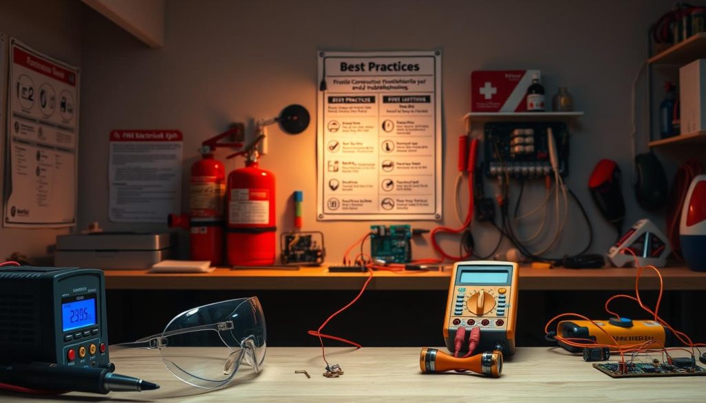 A well-lit workshop setting, showcasing essential electrical safety equipment. In the foreground, a workbench with a soldering iron, multimeter, and safety goggles prominently displayed. On the wall, a poster highlighting best practices for circuit construction and troubleshooting. The middle ground features a fire extinguisher and first-aid kit, emphasizing preparedness. The background depicts various electronic components, wires, and a circuit board, all bathed in a warm, incandescent glow, conveying a sense of careful, methodical work. The overall atmosphere is one of thoughtful, responsible DIY electronics exploration. A well-lit workshop setting, showcasing essential electrical safety equipment. In the foreground, a workbench with a soldering iron, multimeter, and safety goggles prominently displayed. On the wall, a poster highlighting best practices for circuit construction and troubleshooting. The middle ground features a fire extinguisher and first-aid kit, emphasizing preparedness. The background depicts various electronic components, wires, and a circuit board, all bathed in a warm, incandescent glow, conveying a sense of careful, methodical work. The overall atmosphere is one of thoughtful, responsible DIY electronics exploration.