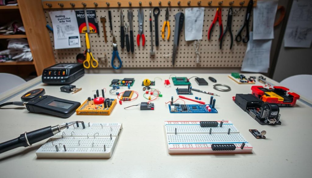 A well-lit workshop table showcases a collection of beginner-friendly DIY electronic projects. In the foreground, a soldering iron, breadboard, and an array of electronic components - resistors, capacitors, LEDs, and microcontrollers - are neatly arranged. In the middle ground, partially assembled gadgets and circuits demonstrate the step-by-step process of crafting simple electronics. The background features a pegboard with hanging tools, instruction manuals, and inspirational sketches, creating an organized and inviting space for tinkering. The overall scene conveys a sense of creativity, curiosity, and the joy of learning through hands-on experimentation. A well-lit workshop table showcases a collection of beginner-friendly DIY electronic projects. In the foreground, a soldering iron, breadboard, and an array of electronic components - resistors, capacitors, LEDs, and microcontrollers - are neatly arranged. In the middle ground, partially assembled gadgets and circuits demonstrate the step-by-step process of crafting simple electronics. The background features a pegboard with hanging tools, instruction manuals, and inspirational sketches, creating an organized and inviting space for tinkering. The overall scene conveys a sense of creativity, curiosity, and the joy of learning through hands-on experimentation.