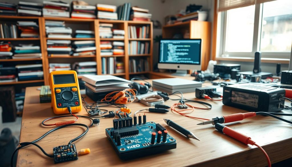 A well-lit workshop table with an Arduino board, multimeter, soldering iron, and various electronic components. The table has a slightly cluttered but organized appearance, reflecting the hands-on nature of troubleshooting. In the background, there is a bookshelf filled with technical manuals and a computer monitor displaying Arduino code. The lighting is a combination of warm overhead lighting and natural daylight filtering in through a window, creating shadows and highlights that accentuate the textures of the materials. The overall atmosphere is one of focused problem-solving, with a sense of curiosity and determination. A well-lit workshop table with an Arduino board, multimeter, soldering iron, and various electronic components. The table has a slightly cluttered but organized appearance, reflecting the hands-on nature of troubleshooting. In the background, there is a bookshelf filled with technical manuals and a computer monitor displaying Arduino code. The lighting is a combination of warm overhead lighting and natural daylight filtering in through a window, creating shadows and highlights that accentuate the textures of the materials. The overall atmosphere is one of focused problem-solving, with a sense of curiosity and determination.
