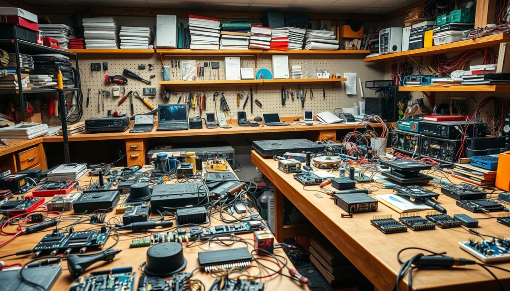 A workshop filled with an assortment of intricate DIY electronic projects, carefully arranged on workbenches. Prototype circuit boards, soldering irons, and various components like resistors, capacitors, and microcontrollers clutter the space, exuding a sense of technical creativity. Warm, directional lighting casts dynamic shadows, highlighting the textures and details of the gadgets. In the background, shelves display an array of specialized tools, electronic parts, and technical manuals, creating a compelling atmosphere for the tech-savvy enthusiast. The scene conveys a harmonious balance of order and ingenuity, inviting the viewer to explore the possibilities of DIY electronics. A workshop filled with an assortment of intricate DIY electronic projects, carefully arranged on workbenches. Prototype circuit boards, soldering irons, and various components like resistors, capacitors, and microcontrollers clutter the space, exuding a sense of technical creativity. Warm, directional lighting casts dynamic shadows, highlighting the textures and details of the gadgets. In the background, shelves display an array of specialized tools, electronic parts, and technical manuals, creating a compelling atmosphere for the tech-savvy enthusiast. The scene conveys a harmonious balance of order and ingenuity, inviting the viewer to explore the possibilities of DIY electronics.