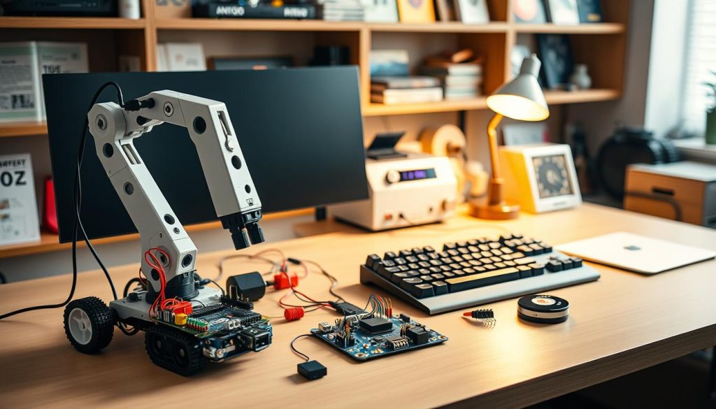 Detailed array of DIY electronic gadgets arranged on a sleek, minimalist office desk. Foreground showcases a 3D-printed robotic arm, a programmable Arduino board, and an array of colorful sensors and modules. Midground features a retro-styled mechanical keyboard, a vintage-inspired desk lamp, and a small 3D printer. Background has shelves displaying various electronic components, tools, and project manuals. Warm, focused lighting highlights the technical details and DIY aesthetic. The overall scene conveys a sense of creativity, productivity, and hands-on experimentation within a professional office setting. Detailed array of DIY electronic gadgets arranged on a sleek, minimalist office desk. Foreground showcases a 3D-printed robotic arm, a programmable Arduino board, and an array of colorful sensors and modules. Midground features a retro-styled mechanical keyboard, a vintage-inspired desk lamp, and a small 3D printer. Background has shelves displaying various electronic components, tools, and project manuals. Warm, focused lighting highlights the technical details and DIY aesthetic. The overall scene conveys a sense of creativity, productivity, and hands-on experimentation within a professional office setting.
