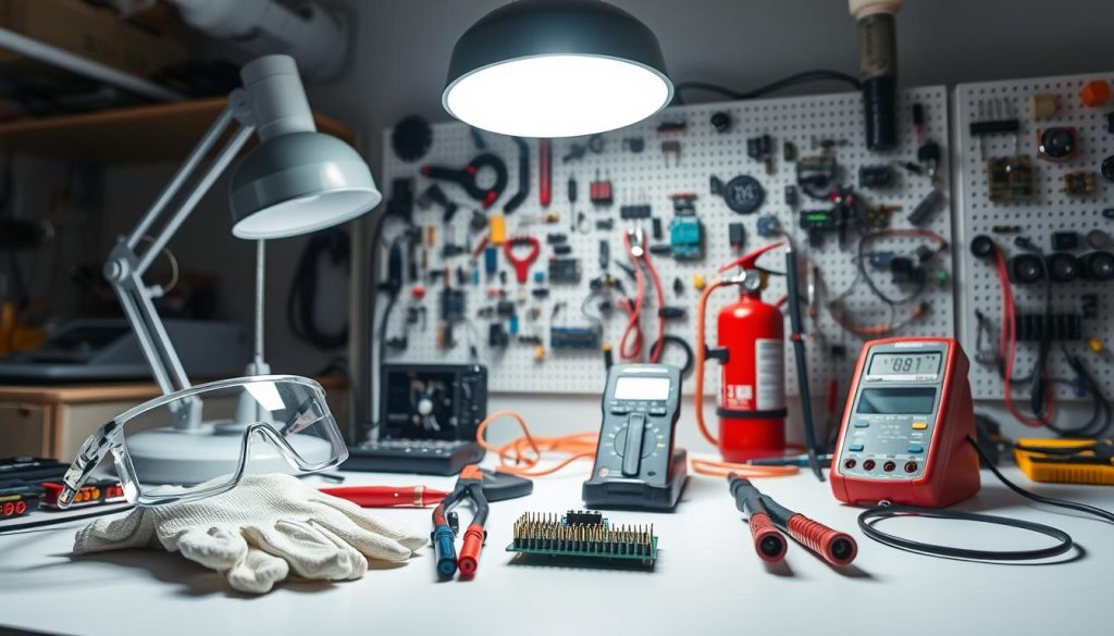 Detailed close-up of a well-organized electronics workbench, with various safety equipment and tools neatly arranged. Bright overhead lighting casts a clean, clinical glow, while a magnifying desk lamp illuminates delicate components. In the foreground, a pair of anti-static gloves, safety goggles, and a fire extinguisher stand ready for use. The mid-ground features a soldering iron, wire cutters, and a multimeter, all strategically placed. The background showcases a pegboard displaying an array of electronic components, color-coded for easy identification. An atmosphere of precision, care, and responsible DIY electronics experimentation permeates the scene. Detailed close-up of a well-organized electronics workbench, with various safety equipment and tools neatly arranged. Bright overhead lighting casts a clean, clinical glow, while a magnifying desk lamp illuminates delicate components. In the foreground, a pair of anti-static gloves, safety goggles, and a fire extinguisher stand ready for use. The mid-ground features a soldering iron, wire cutters, and a multimeter, all strategically placed. The background showcases a pegboard displaying an array of electronic components, color-coded for easy identification. An atmosphere of precision, care, and responsible DIY electronics experimentation permeates the scene.